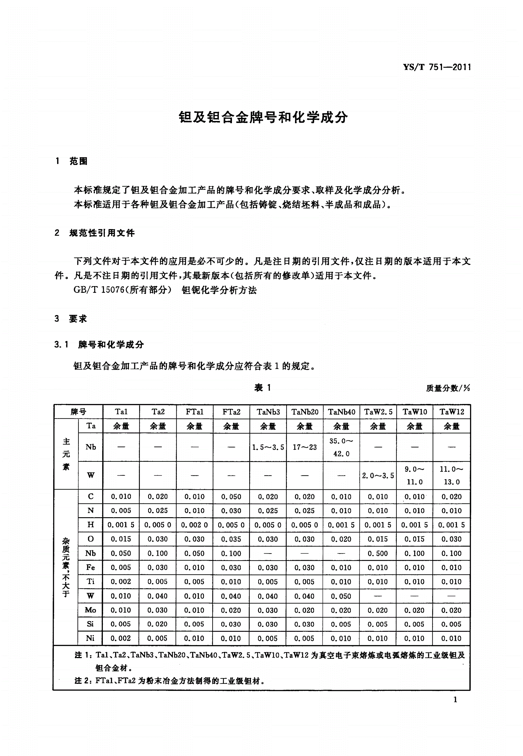 YS/T 751-2011 钽及钽合金牌号和化学成分-第3页