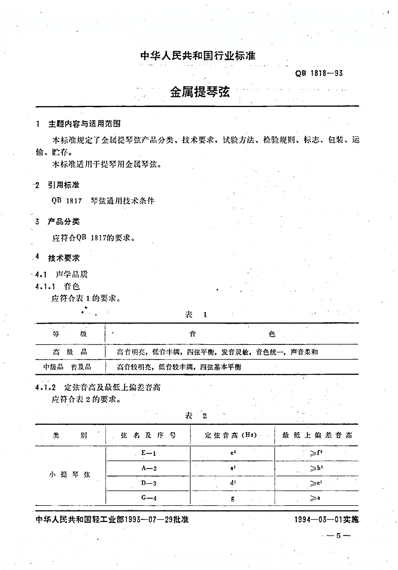 QB 1818-1993 金属提琴弦-第1页