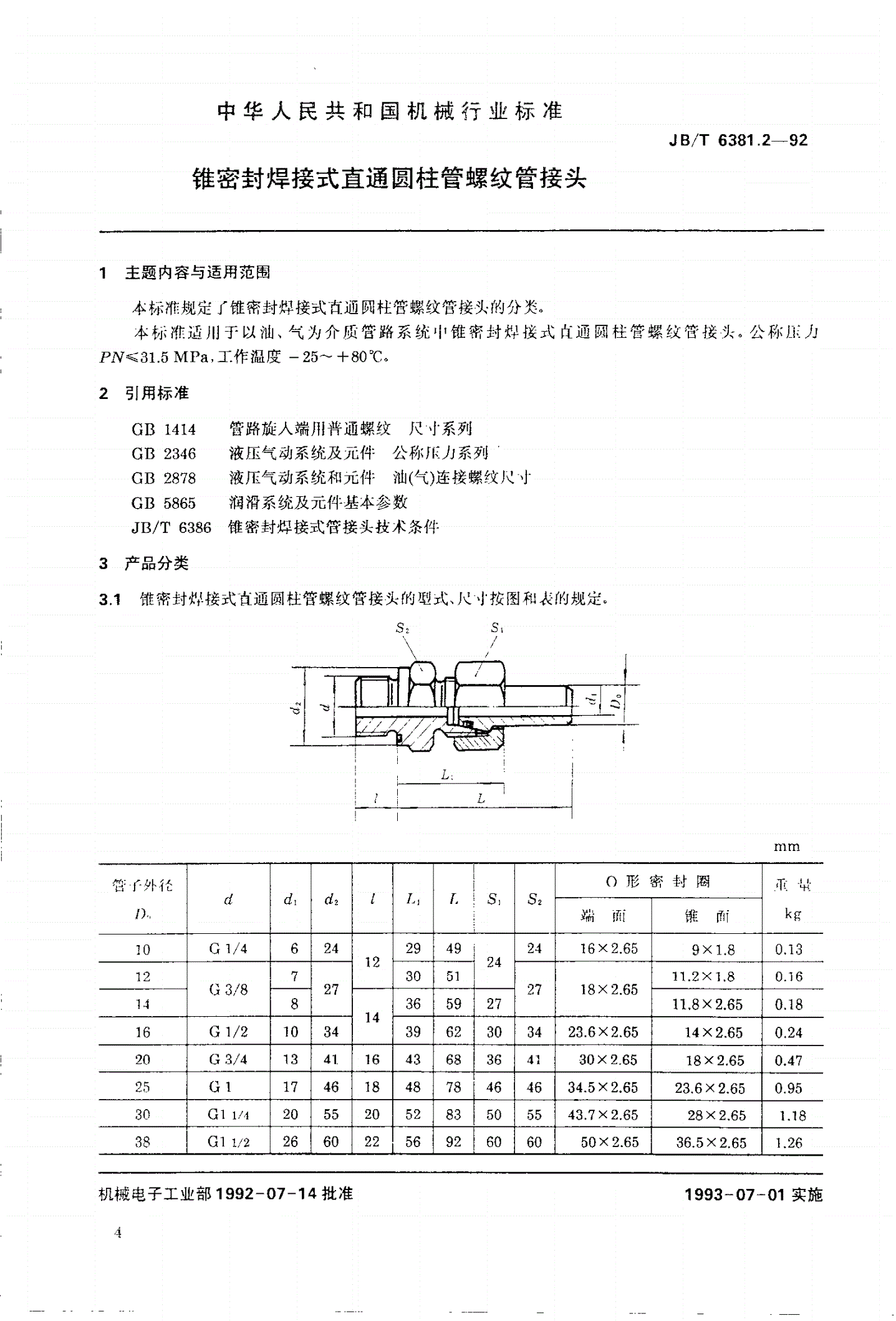 JB/T 6381.2-1992 锥密封焊接式直通圆柱管螺纹管接头-第1页
