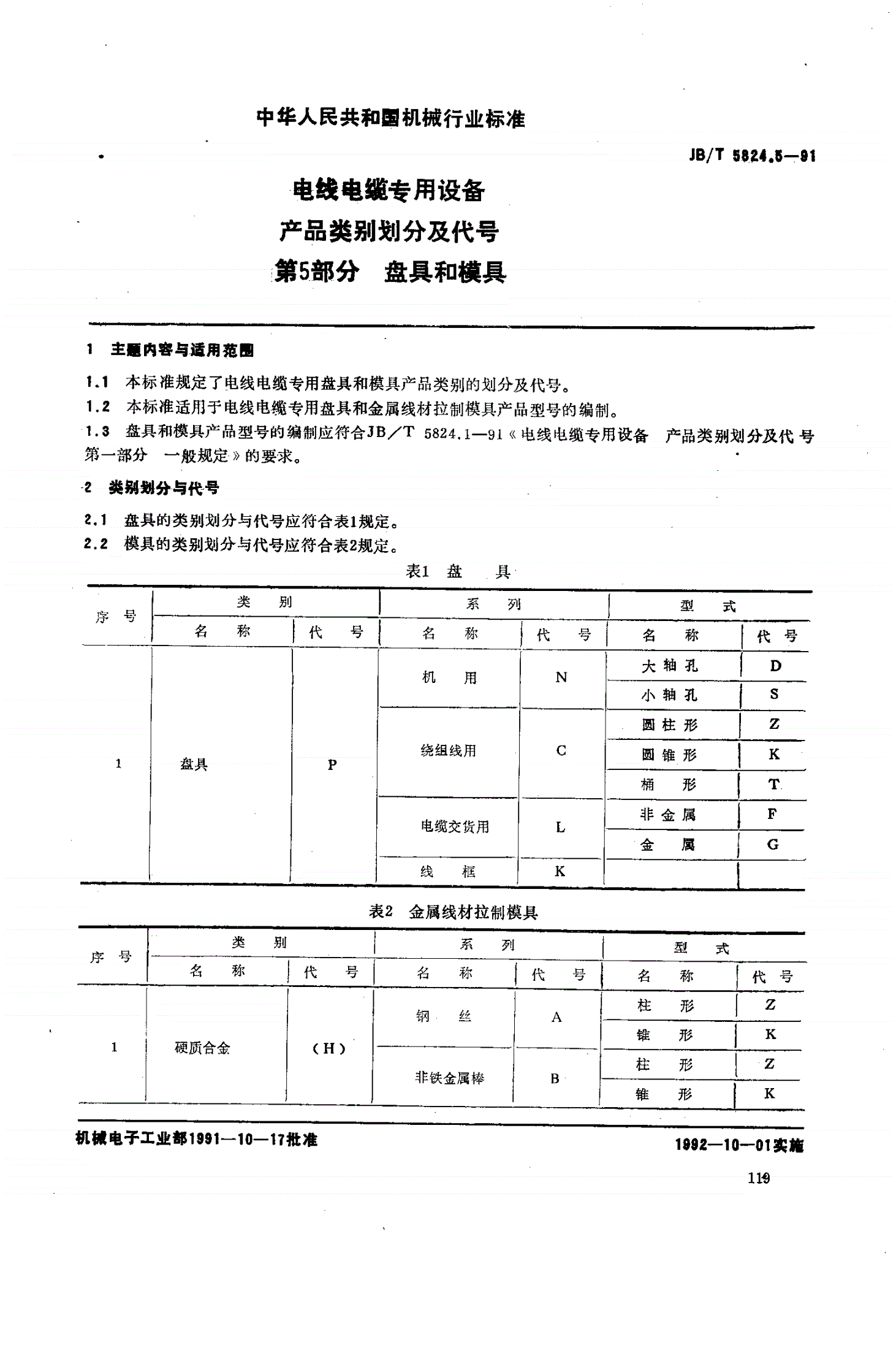 JB/T 5824.5-1991 电线电缆专用设备、产品类别划分与代号 第5部分 盘具与模具-第1页