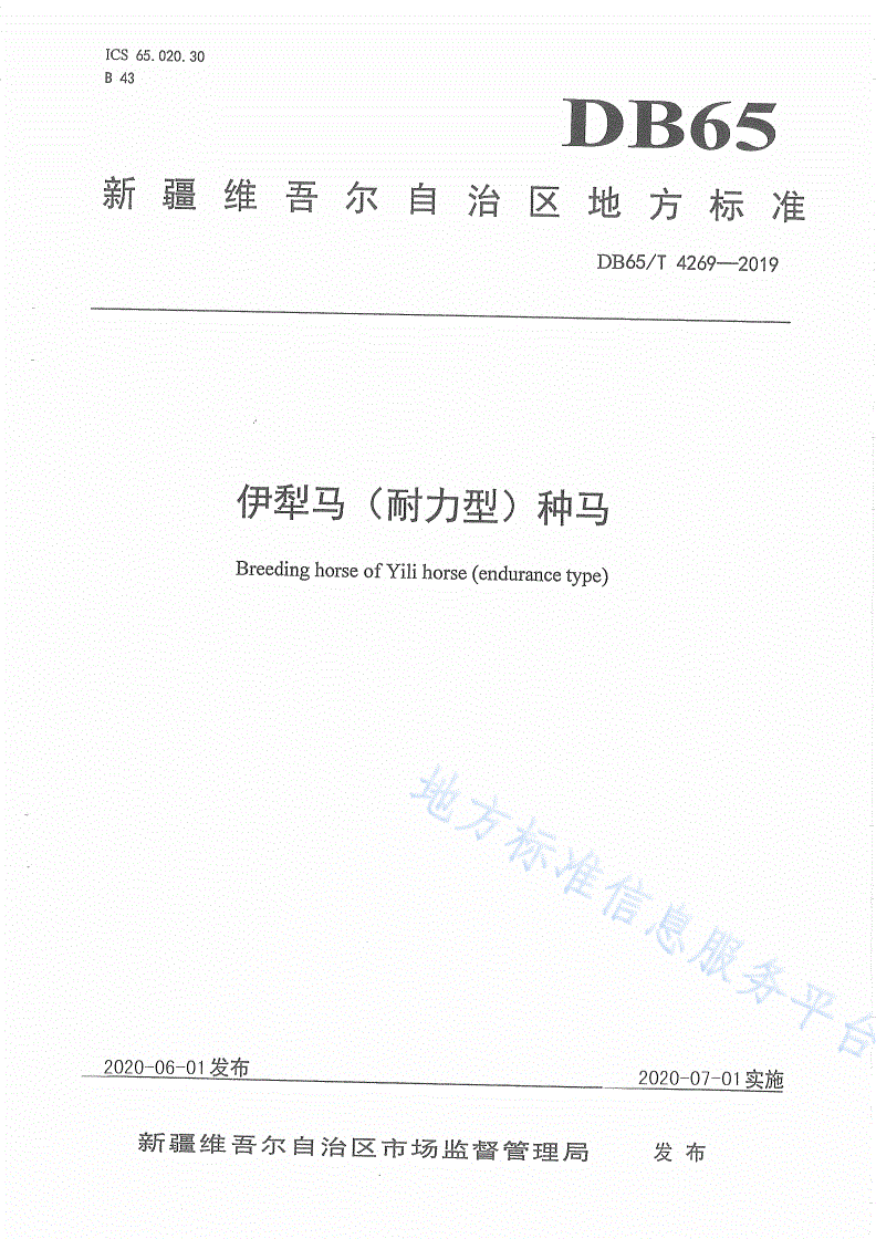 DB65/T 4269-2019 伊犁马（耐力型）种马-第1页