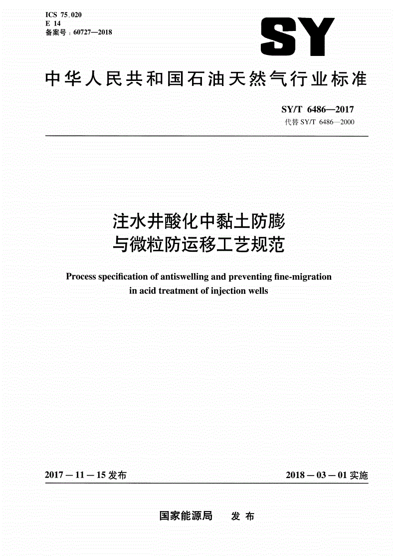 SY/T 6486-2017 注水井酸化中粘土防膨与微粒防运移工艺规范-第1页