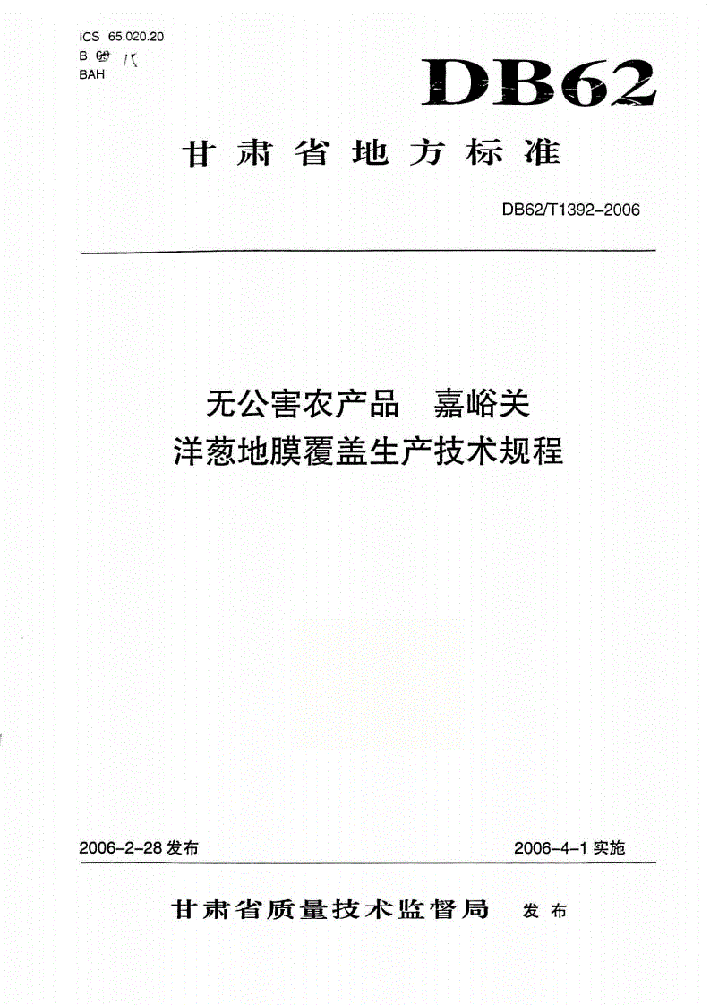 DB62/T 1392-2006 无公害农产品 嘉峪关 洋葱地膜覆盖生产技术规程-第1页
