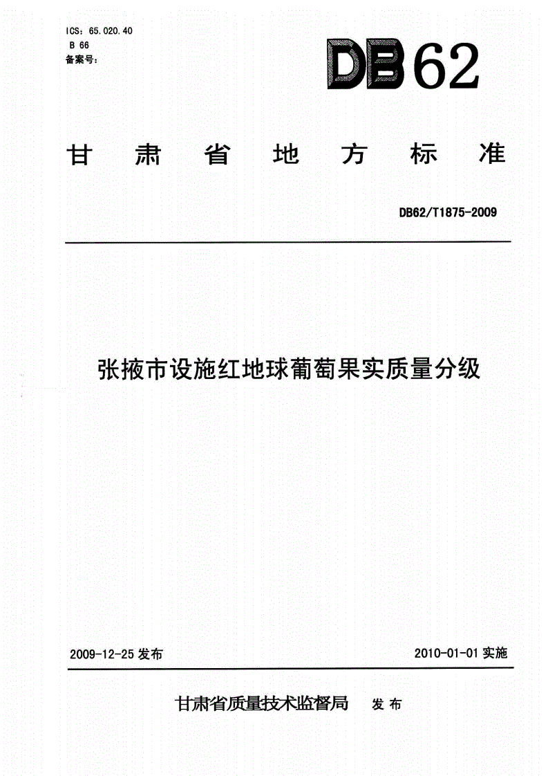 DB62/T 1875-2009 张掖市设施红地球葡萄果实质量分级-第1页
