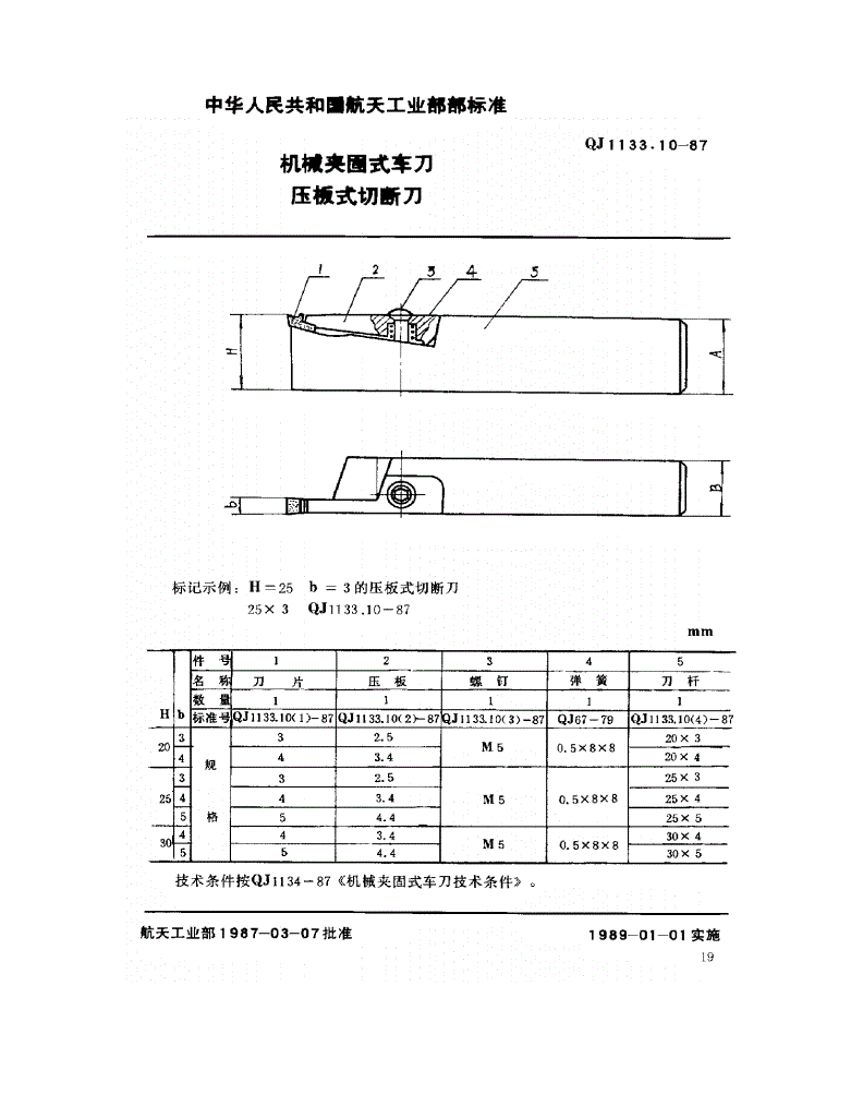 QJ 1133.10-1987 机械夹固式车刀 压板式切断刀-第1页