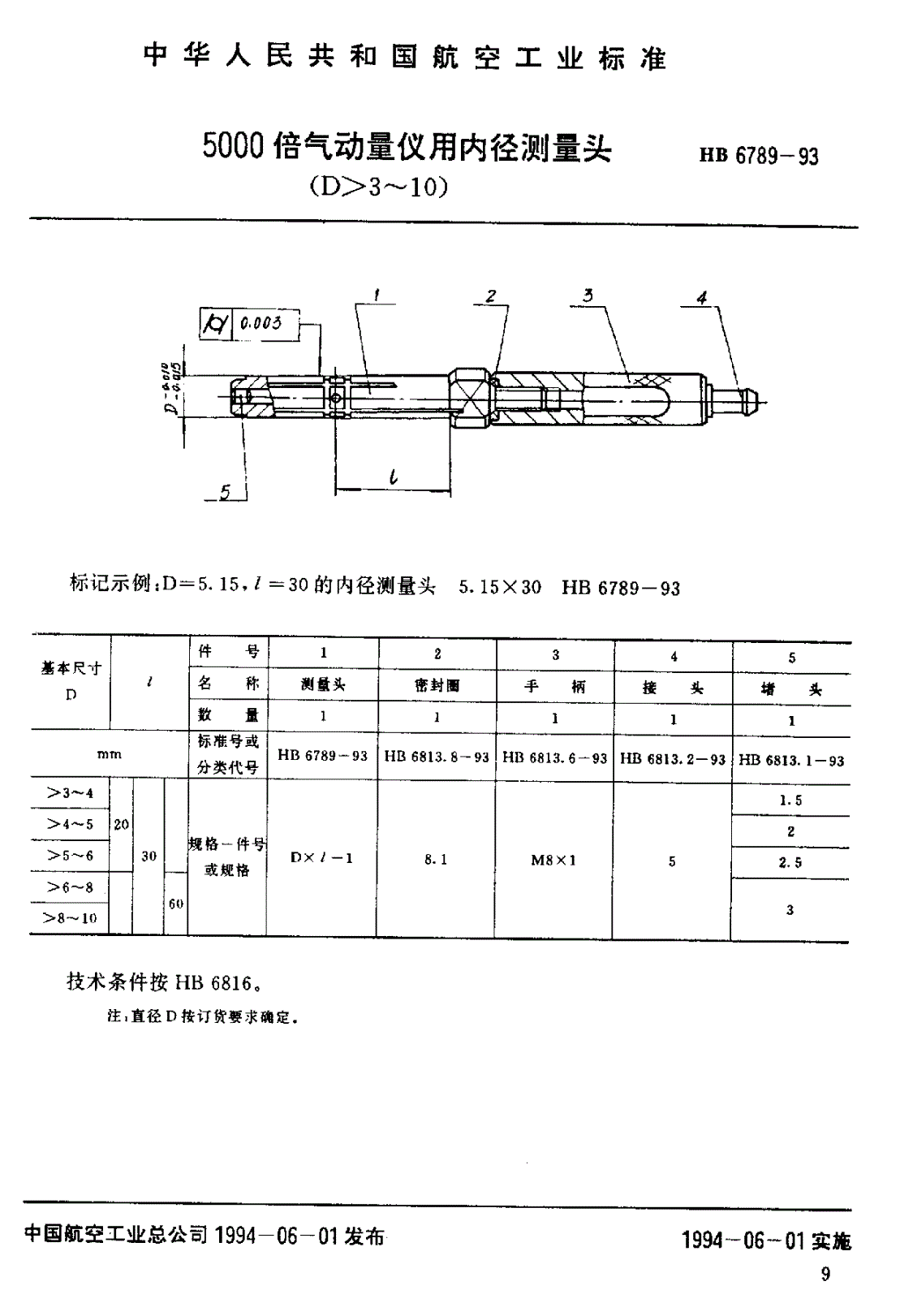 HB 6789-1993 5000倍气动量仪用内径测量头(D>3～10)-第1页