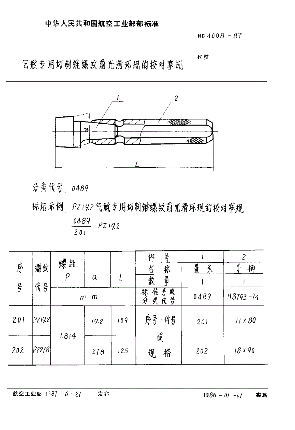 HB 4008-1987 气瓶专用切制锥螺纹前光滑环规的校对塞规-第1页