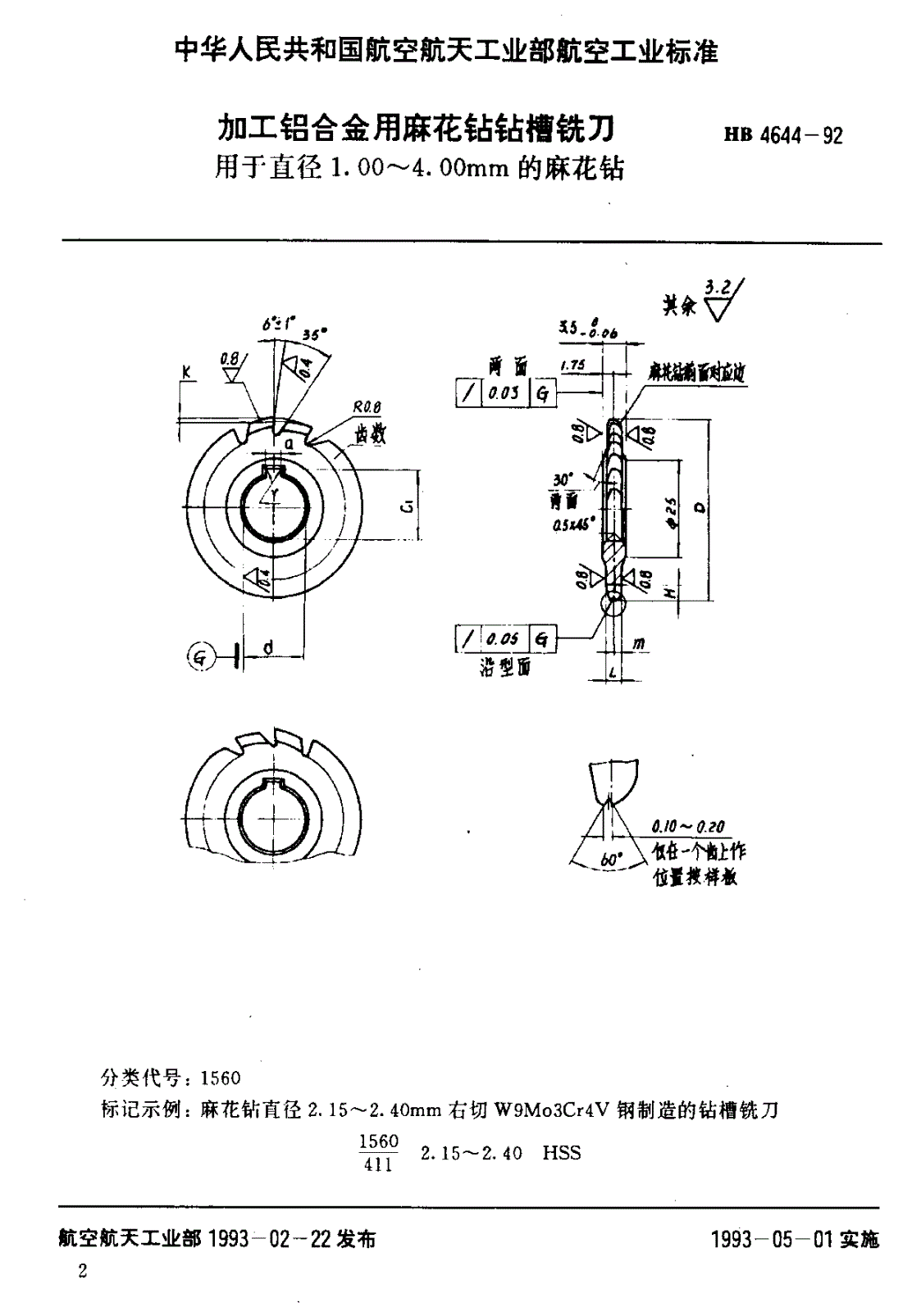 HB 4644-1992 加工铝合金用麻花钻钻槽铣刀-第1页