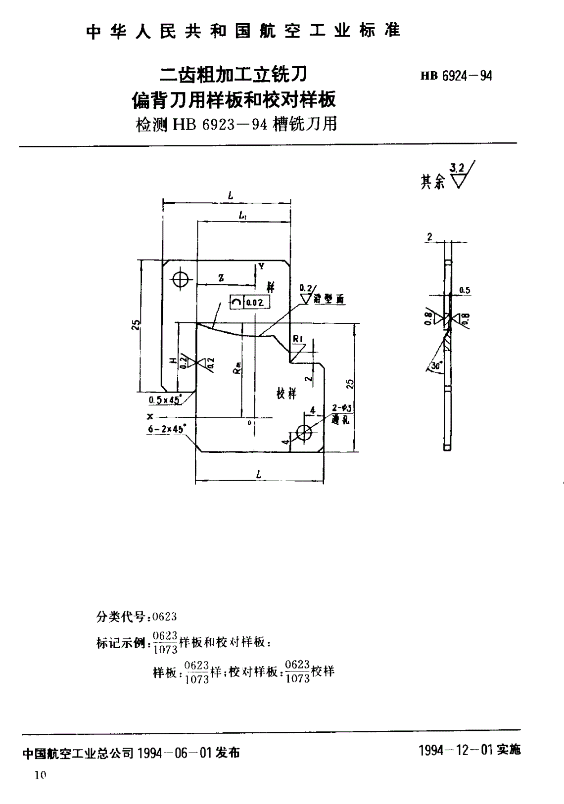HB 6924-1994 二齿粗加工立铣刀偏背刀用样板和校对样板-第1页