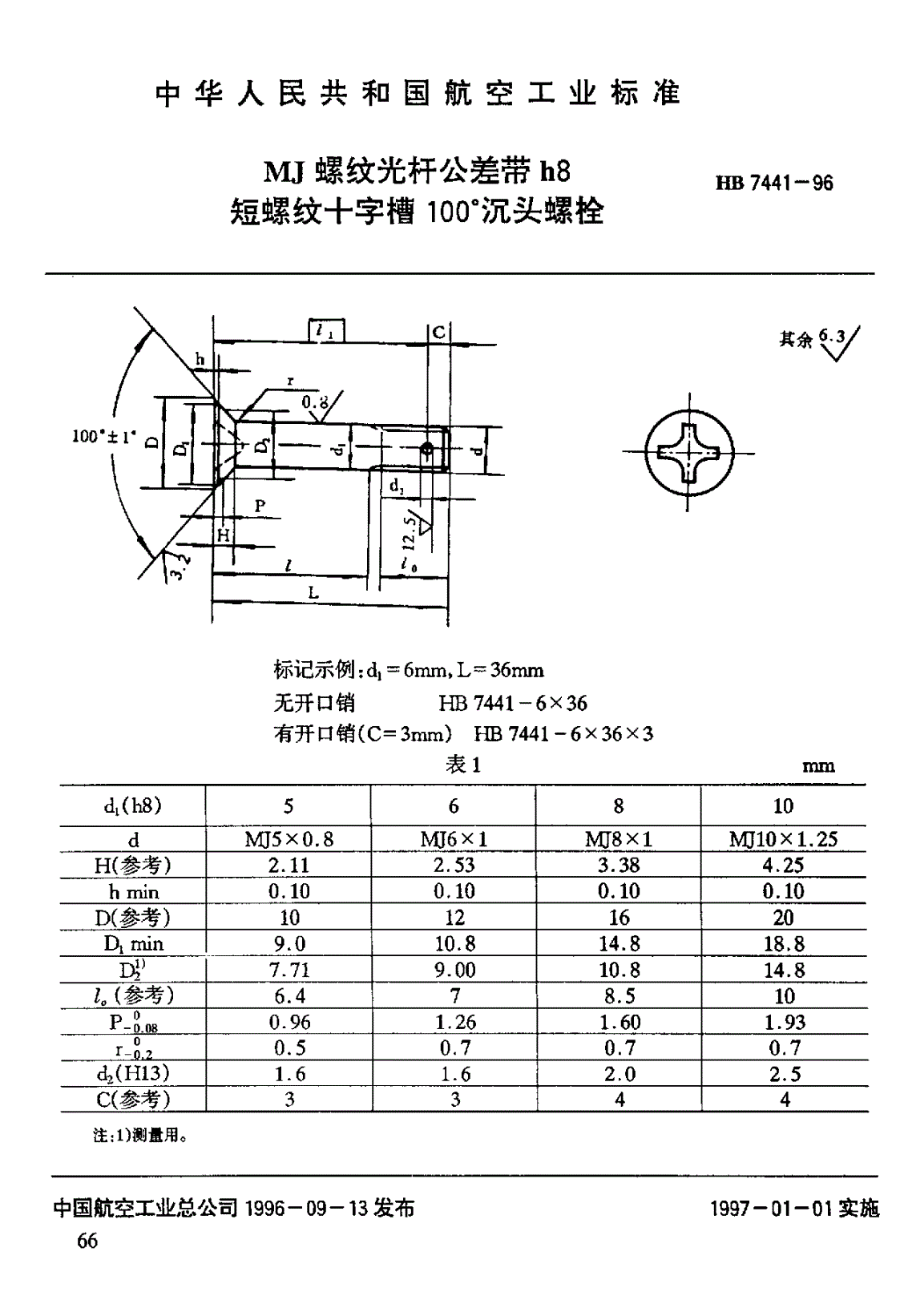 HB 7441-1996 ＭＪ螺纹光杆公差带ｈ８短螺纹十字槽１００°沉头螺栓-第1页