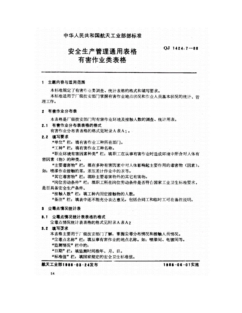 QJ 1424.7-1988 安全生产管理通用表格 有害作业类表格-第1页
