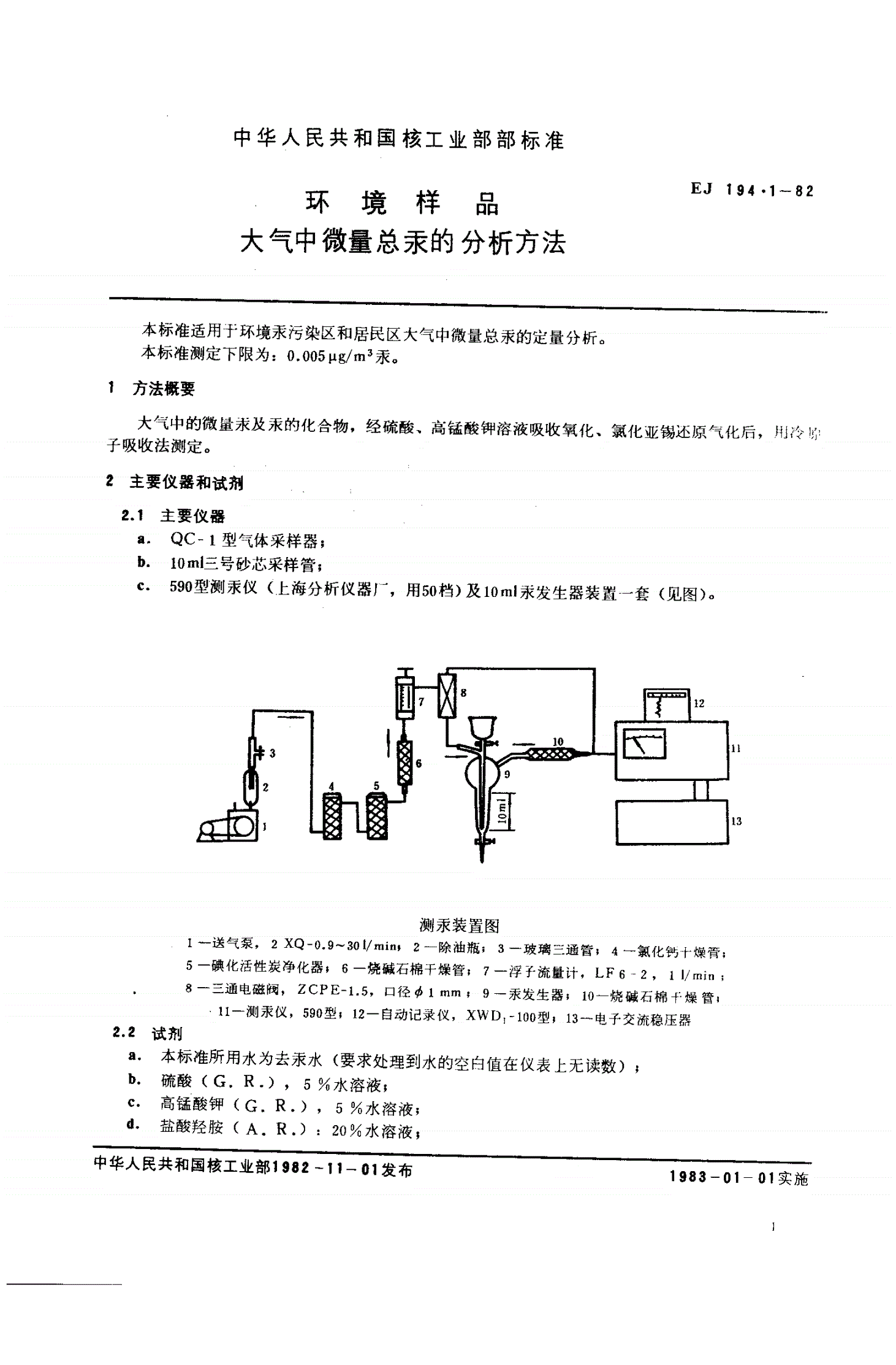 EJ/T 194.1-1982 环境样品 大气中微量总汞的分析方法-第1页