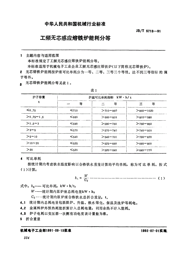 JB/T 5713-1991 工频无芯感应熔铁炉能耗分等-第1页