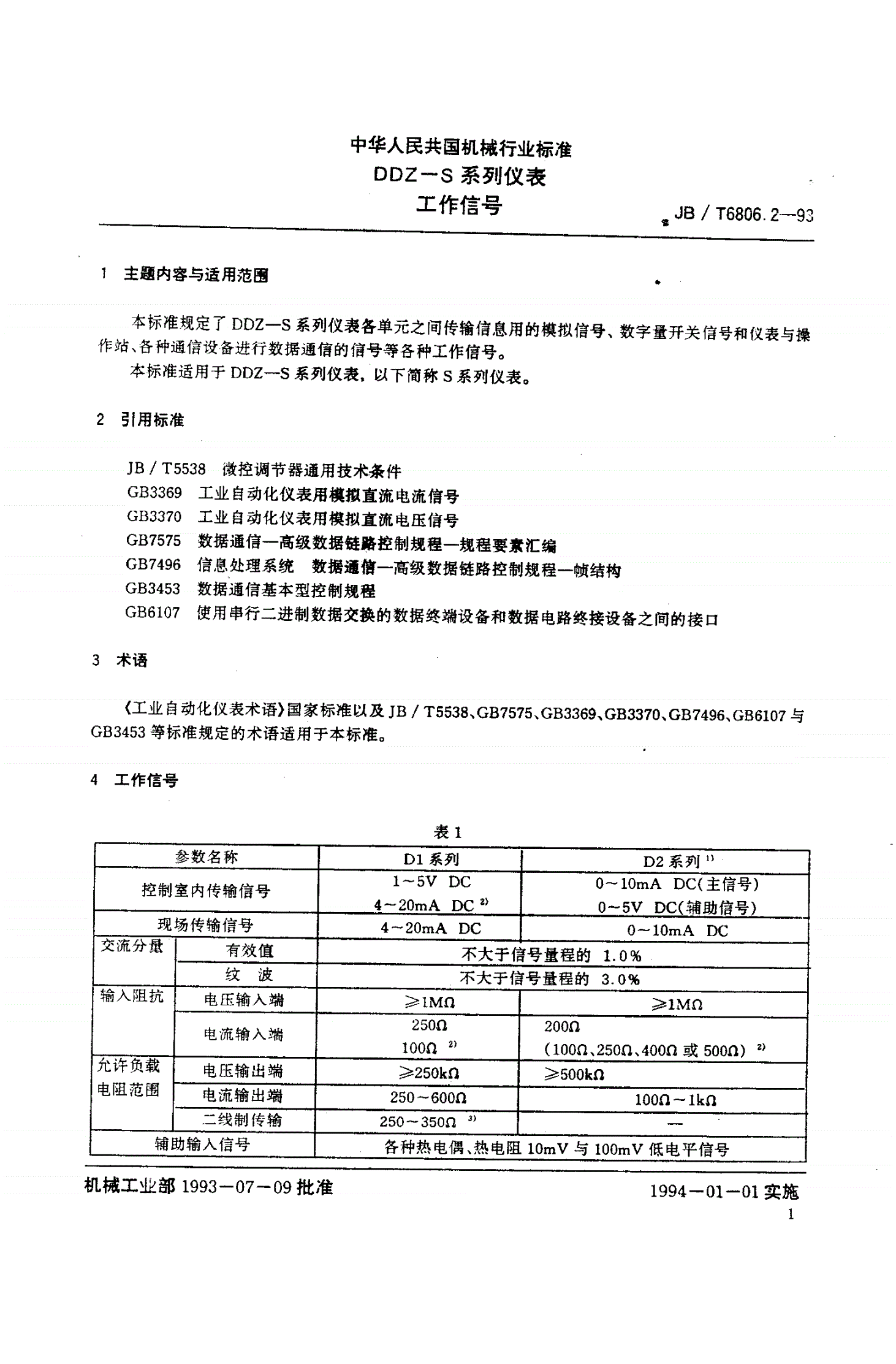 JB/T 6806.2-1993 DDZ-S系列仪表 工作信号-第1页