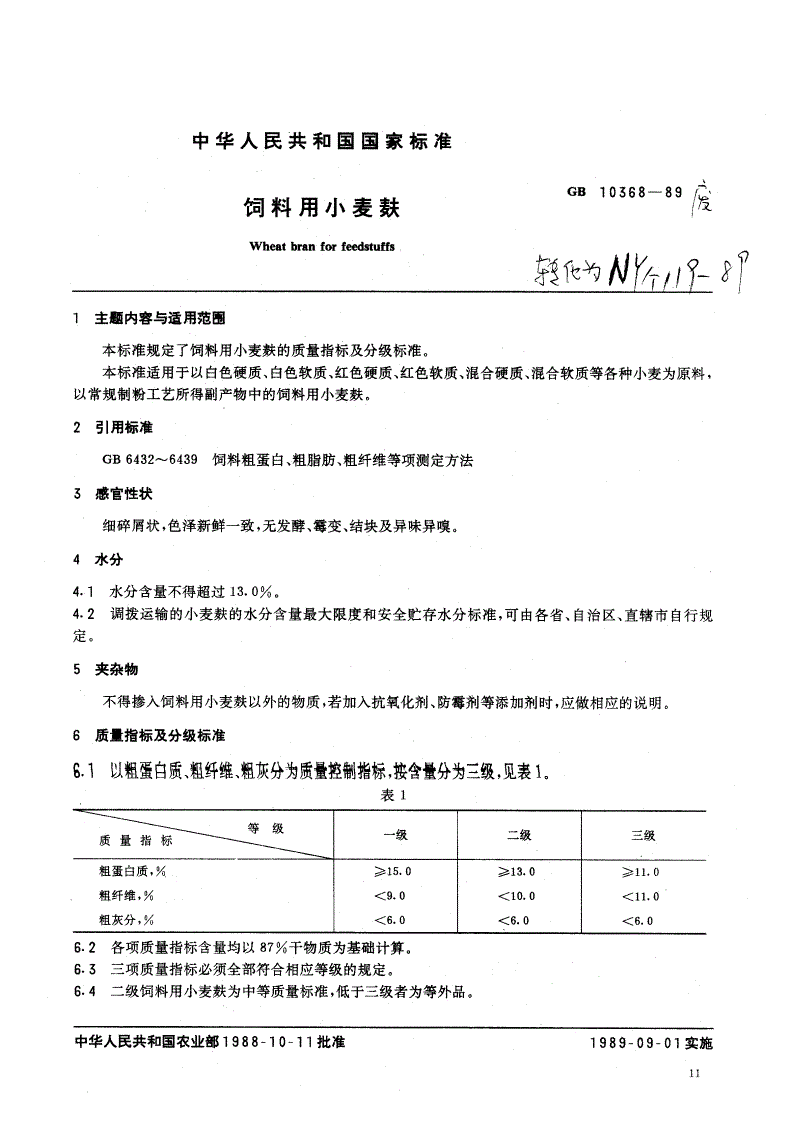 NY/T 119-1989 饲料用小麦麸-第1页