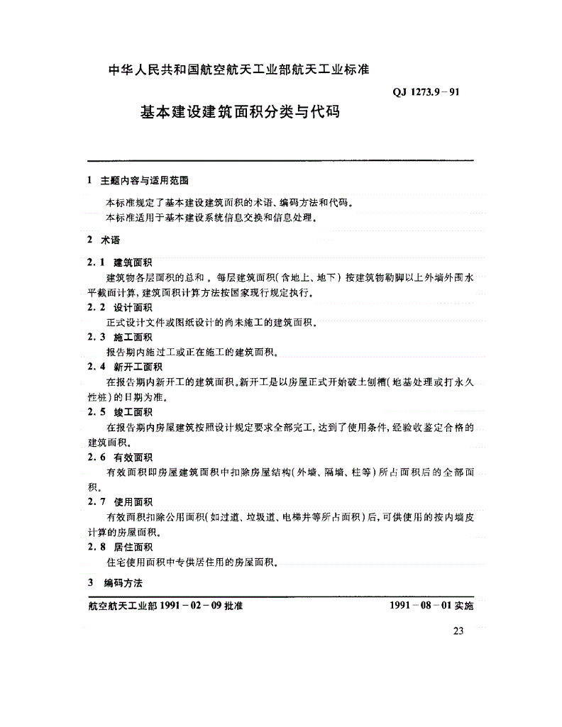 QJ 1273.9-1991 基本建设建筑面积分类与代码-第1页