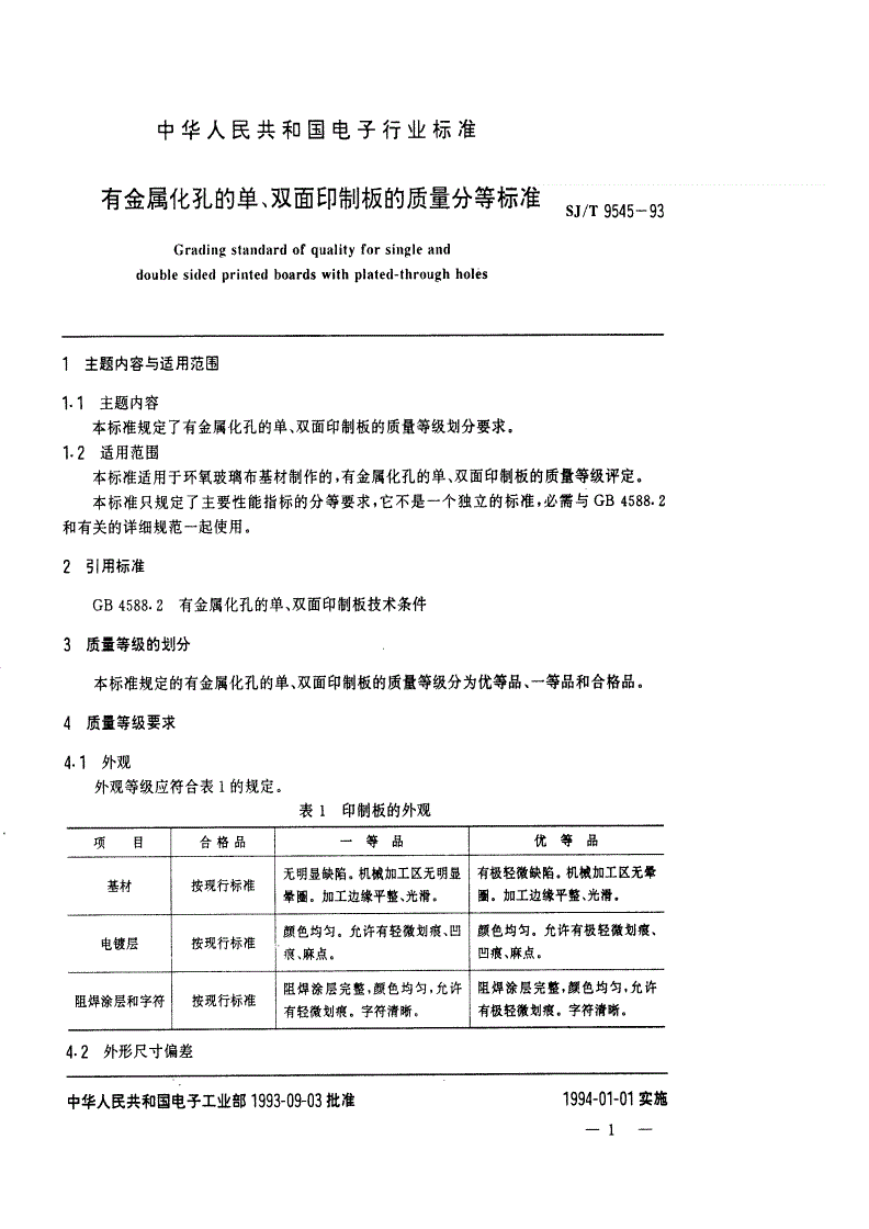 SJ/T 9545-1993 有金属化孔单、双面印制板的质量分等标准-第1页