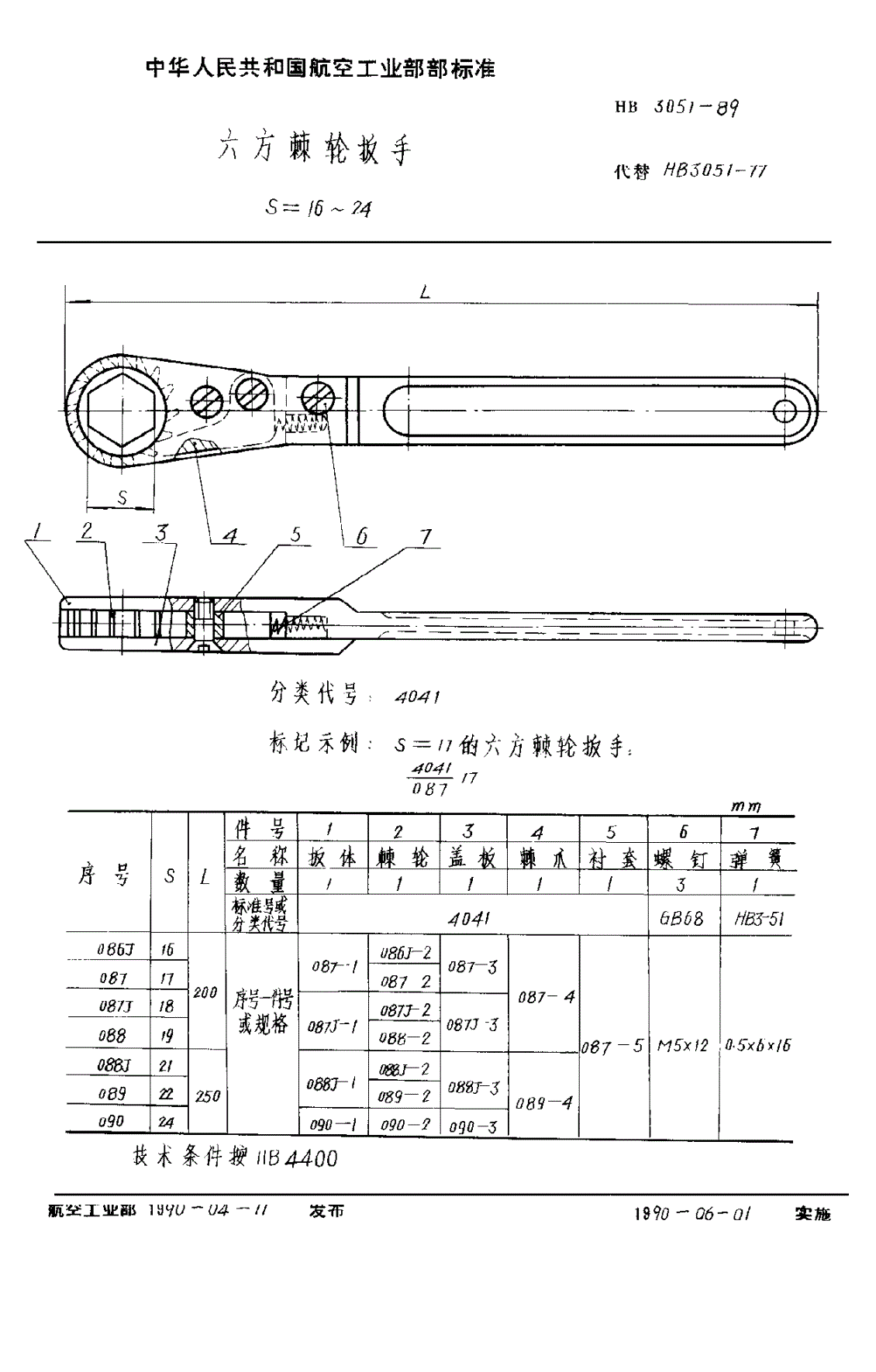 HB 3051-1989 六方棘轮扳手 ｓ＝１６～２４-第1页