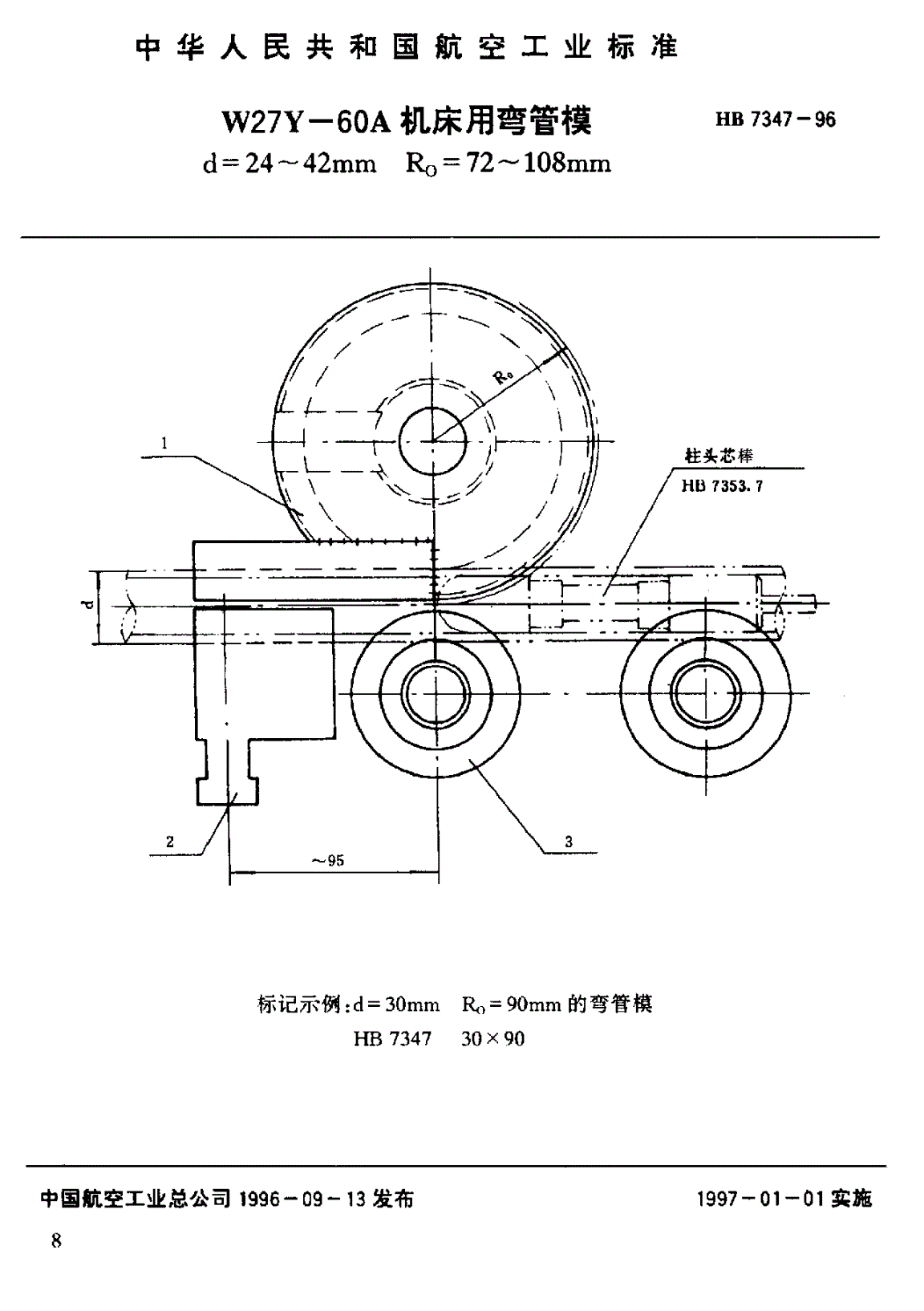 HB 7347-1996 Ｗ２７Ｙ－６０Ａ机床用弯管模 ｄ＝２４～４２ｍｍ Ｒ０＝７２～１０８ｍｍ-第1页