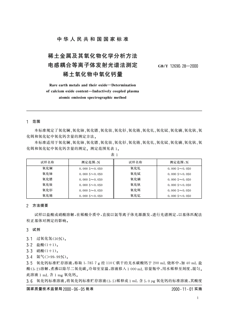 GB/T 12690.28-2000 稀土金属及其氧化物化学分析方法 电感耦合等离子体发射光谱法测定稀土氧化物中氧化钙量-第3页