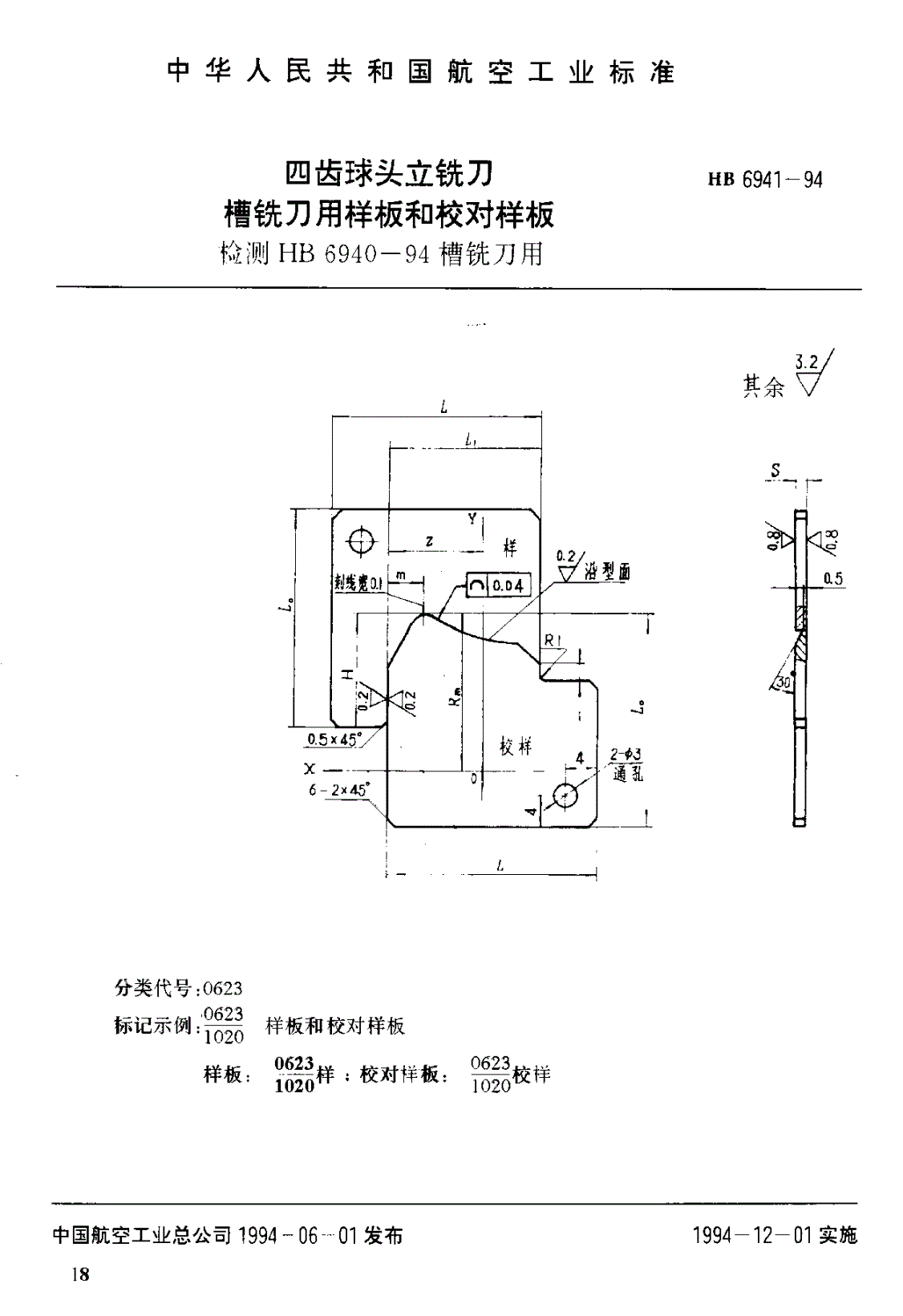HB 6941-1994 四齿球头立铣刀槽铣刀用样板和校对样板-第1页