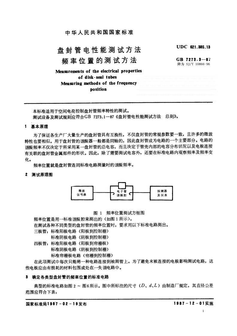 SJ/T 10866-1996 盘封管电性能测试方法 频率位置的测试方法-第1页