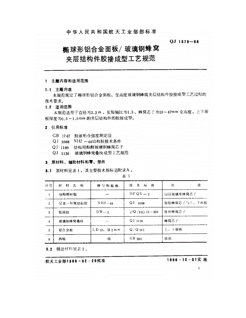 QJ 1379-1988 椭球形铝合金面板/玻璃钢蜂窝夹层结构件胶接成型工艺规范-第2页