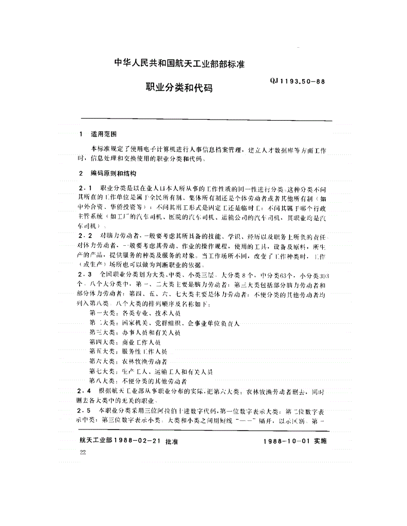 QJ 1193.50-1988 人事系统数据元 职业分类和代码-第1页